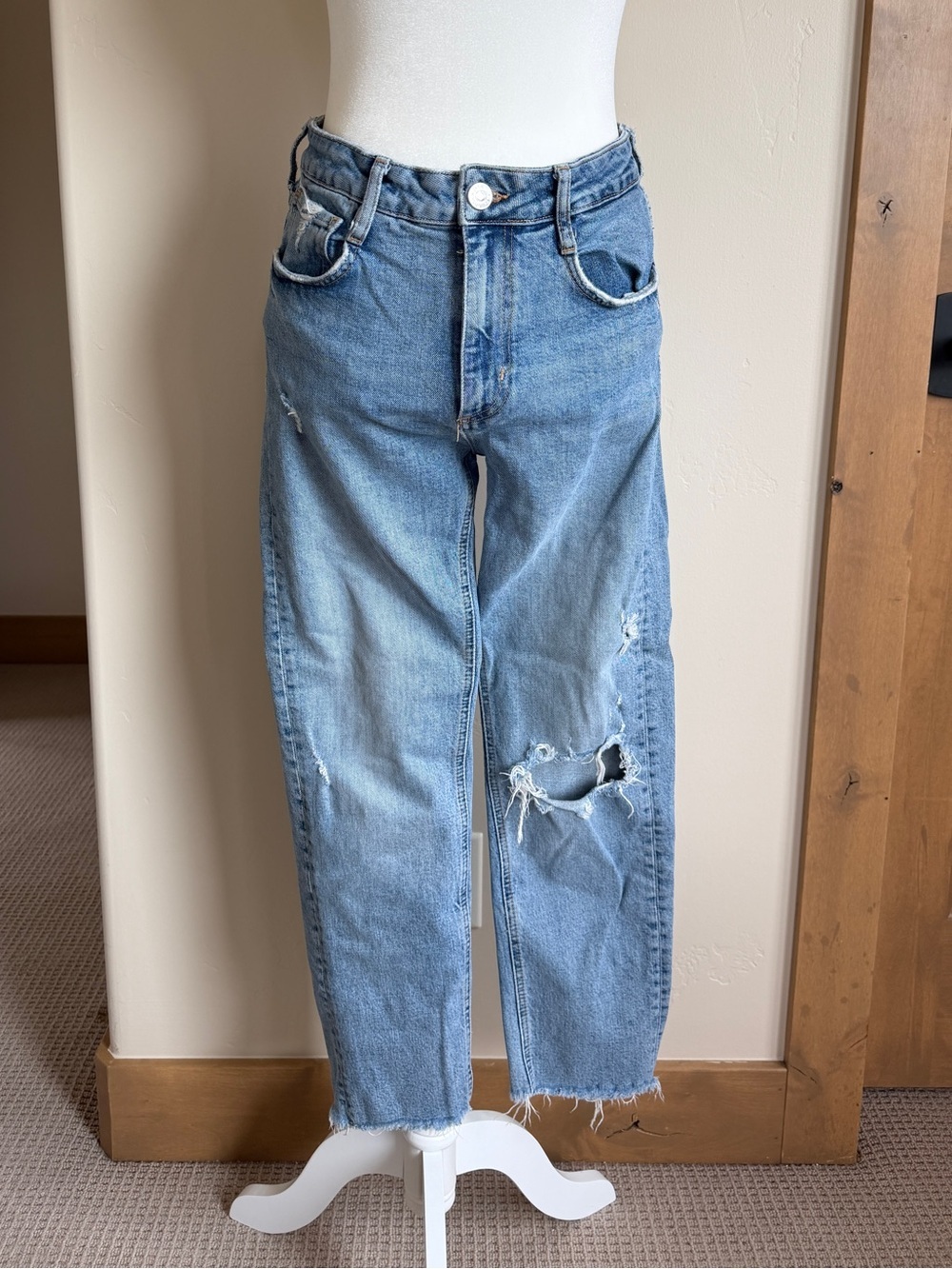 Zara High Waist Light Blue Distressed Straight-Leg Jeans | Size 6 - Picture 2 of 6